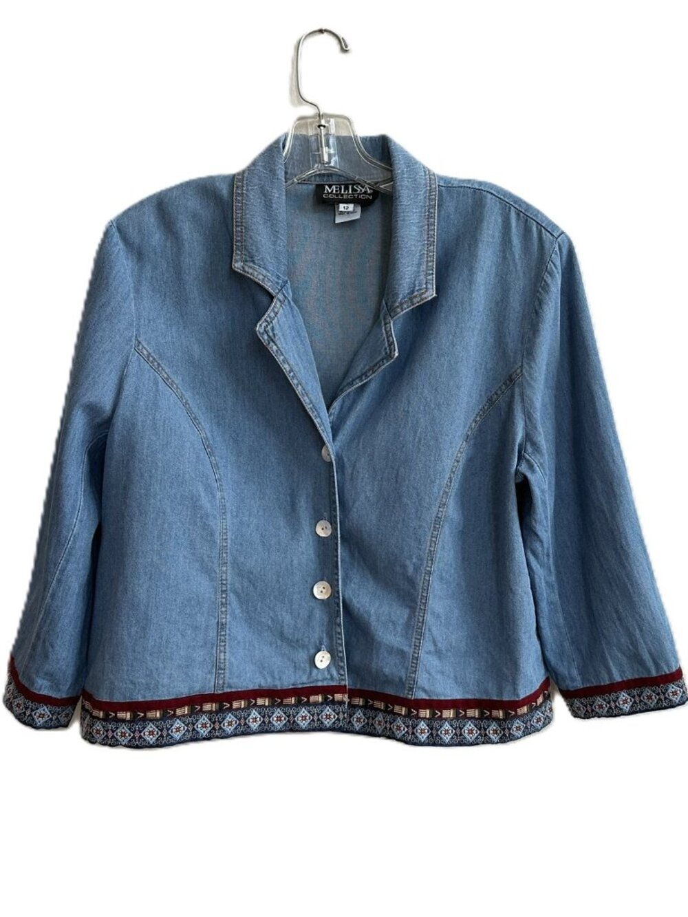 Southwestern 3/4 Sleeve Lightweight Jean Jacket Embroidered Trim Women's Size 12